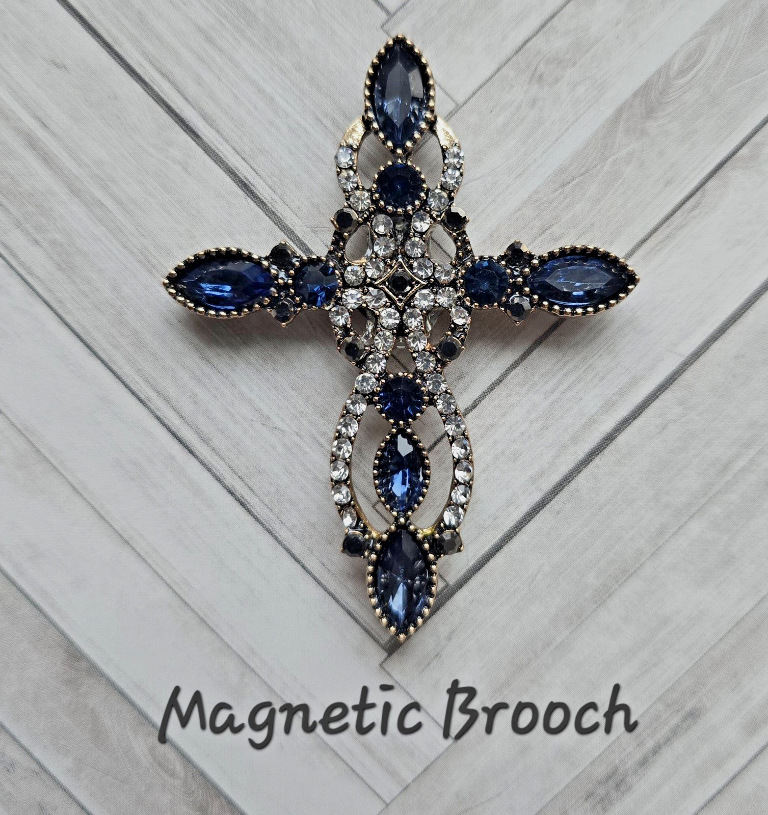 Blue Gold MAGNETIC Crystal Cross Brooch. Christmas brooch Easter brooch Pin Free
