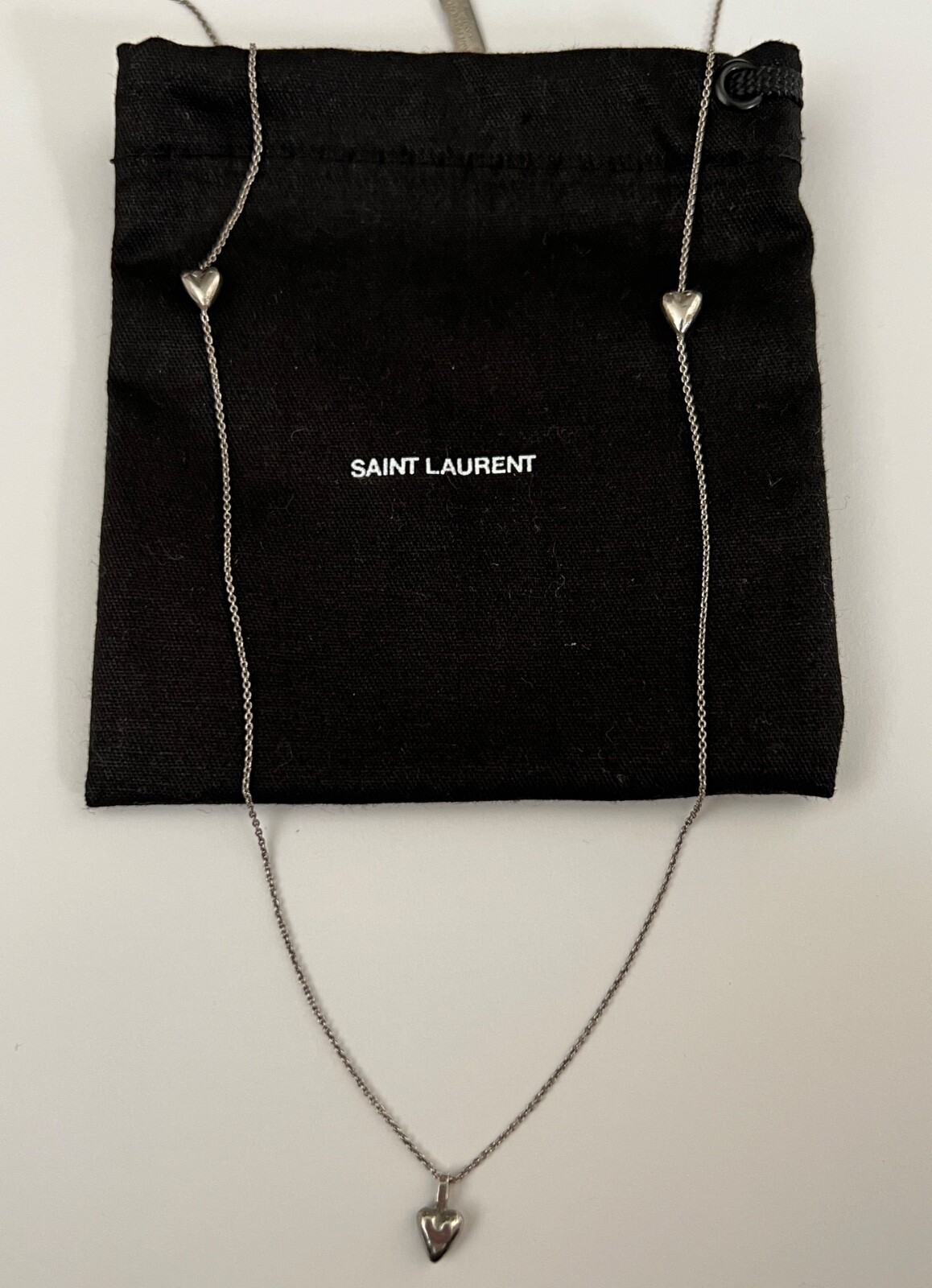 NWT Saint Laurent YSL Triple Heart Charm Silver Long Brass Chain Necklace $695
