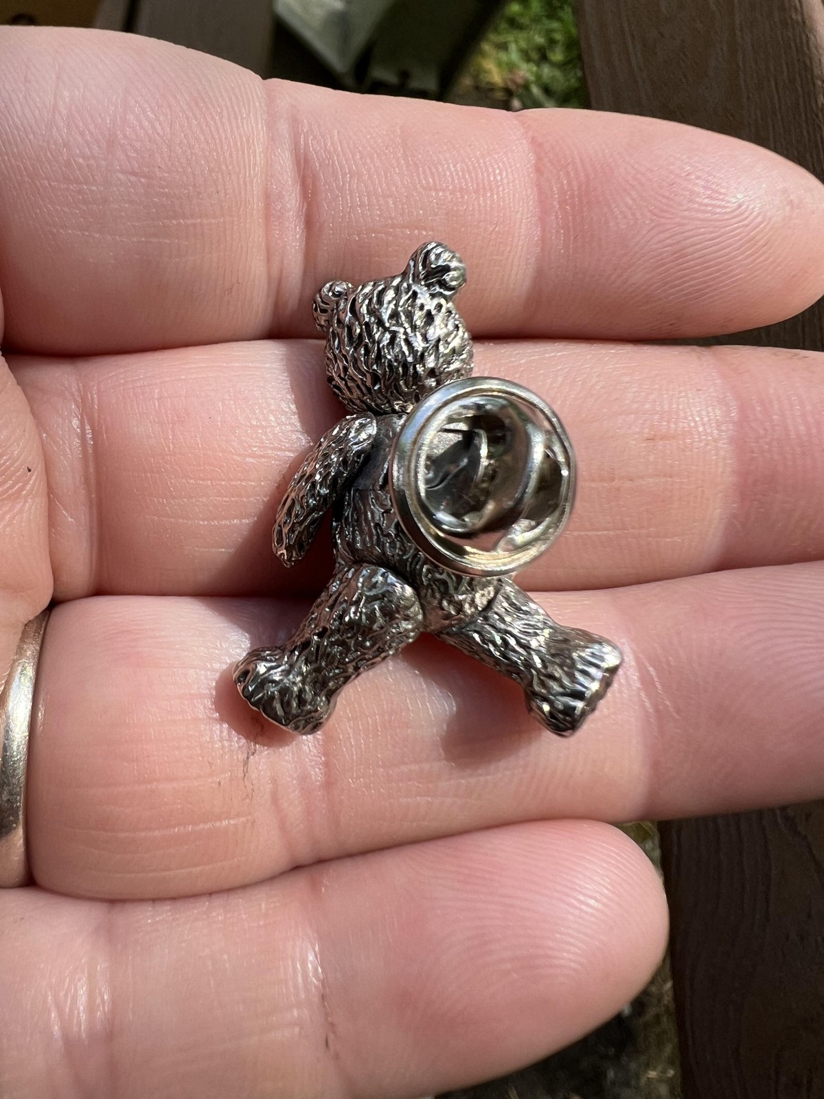 Silver Teddy Bear Lapel Pin Brooch 3D Metal Toy Animal Articulated Posable