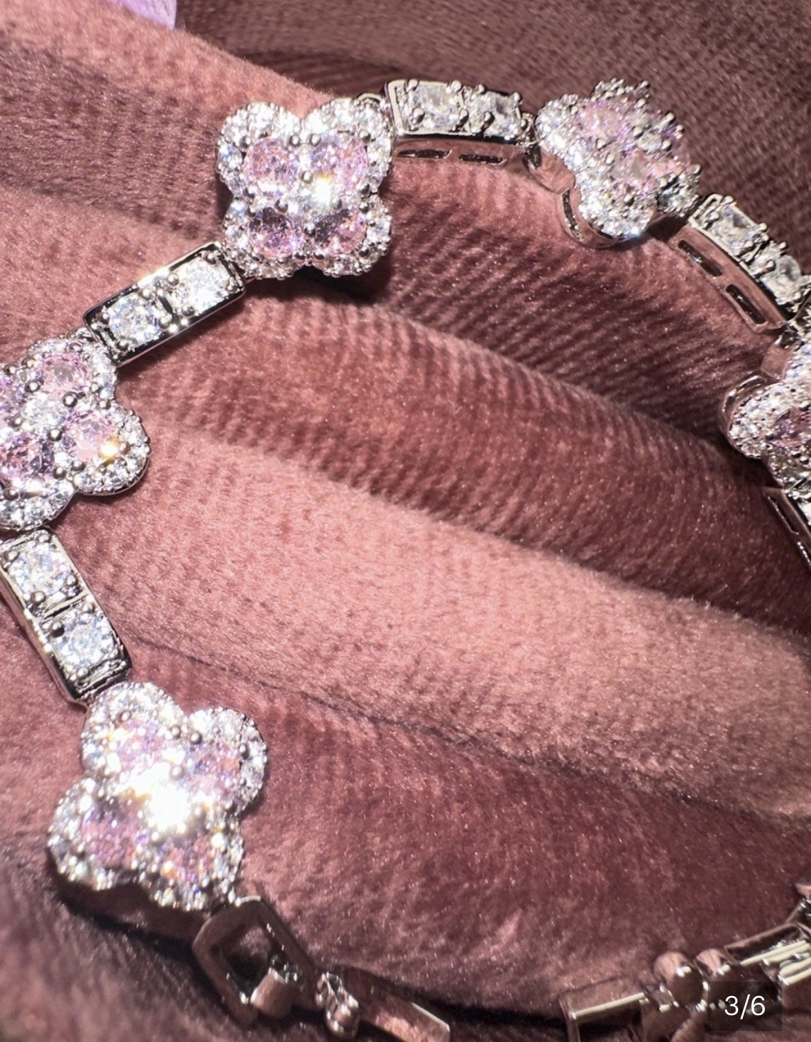 925 Silver Pink Crystal Clover Flower Link Bracelet Lobster Clasp