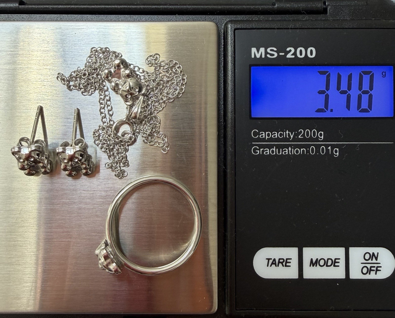 Sterling Silver 925 Necklace 18″, Earrings and Ring -N Bear Jewellery Set