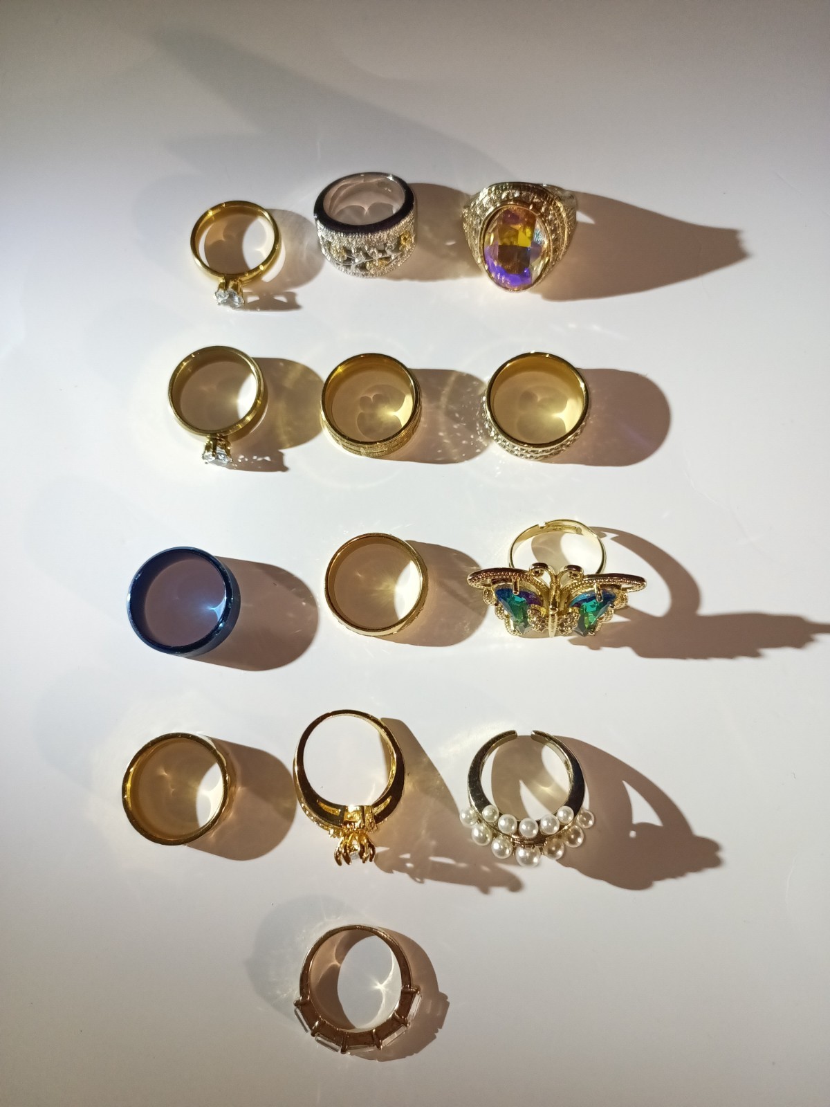 13 Pc Mixed Style Fashion Rings Lot Gold Silver Blue Rhinestone Pearl Butterfly