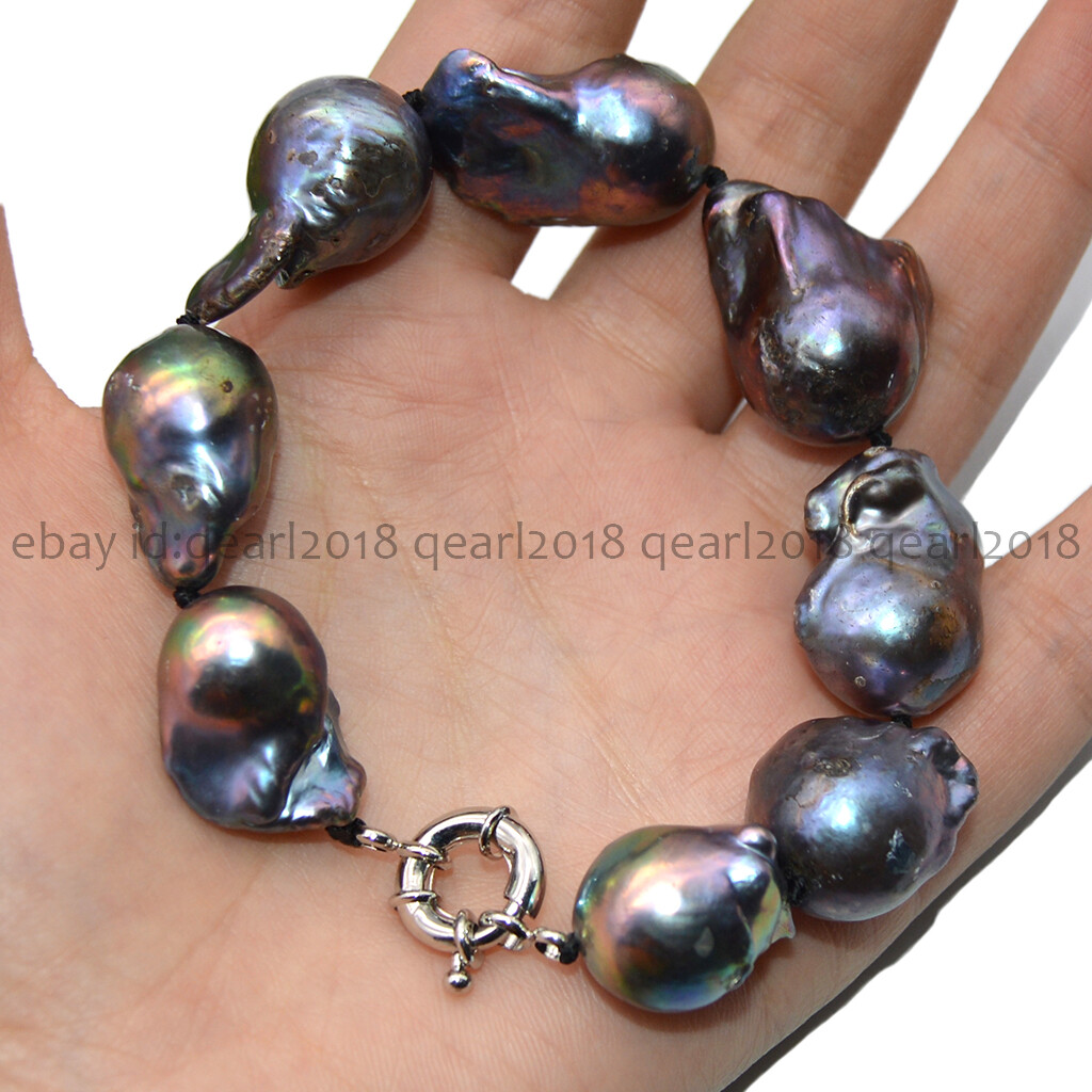Huge 15-35mm Real Natural Black South Sea Baroque Pearl Jewelry Bracelet 7.5”