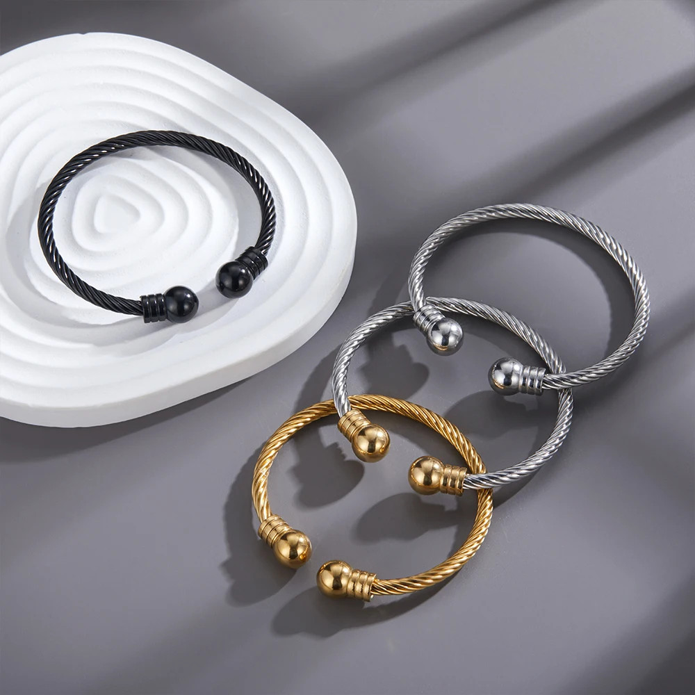 Unisex Stainless Steel Braided Open Cuff Bracelet Gold Silver Ball