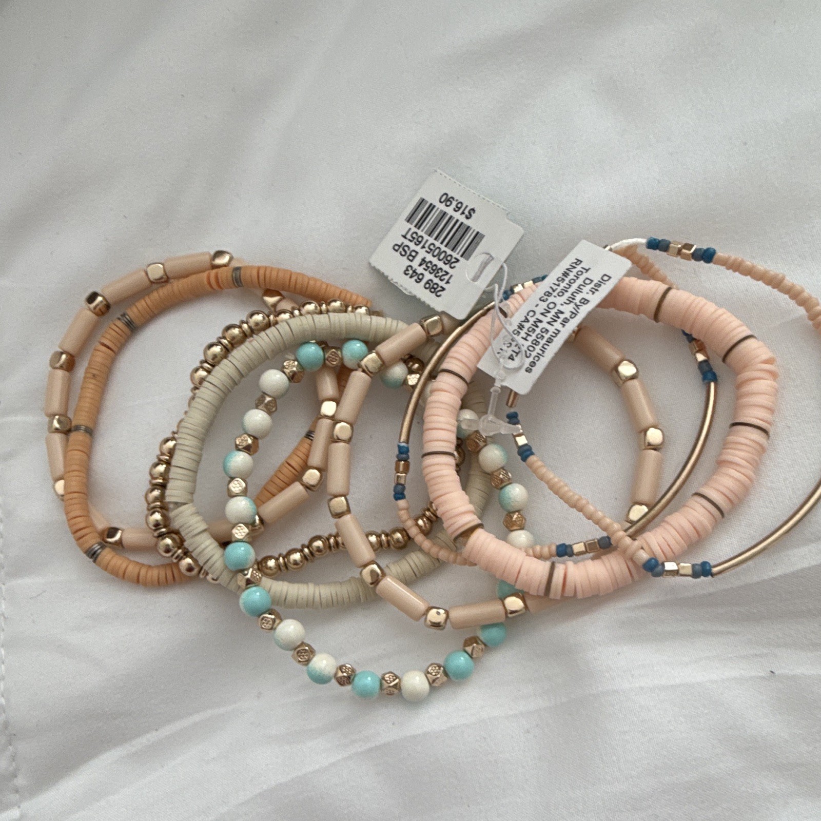 Stackable Beaded & Gold Tone Bangle Bracelet Set Pink Blue White Tan