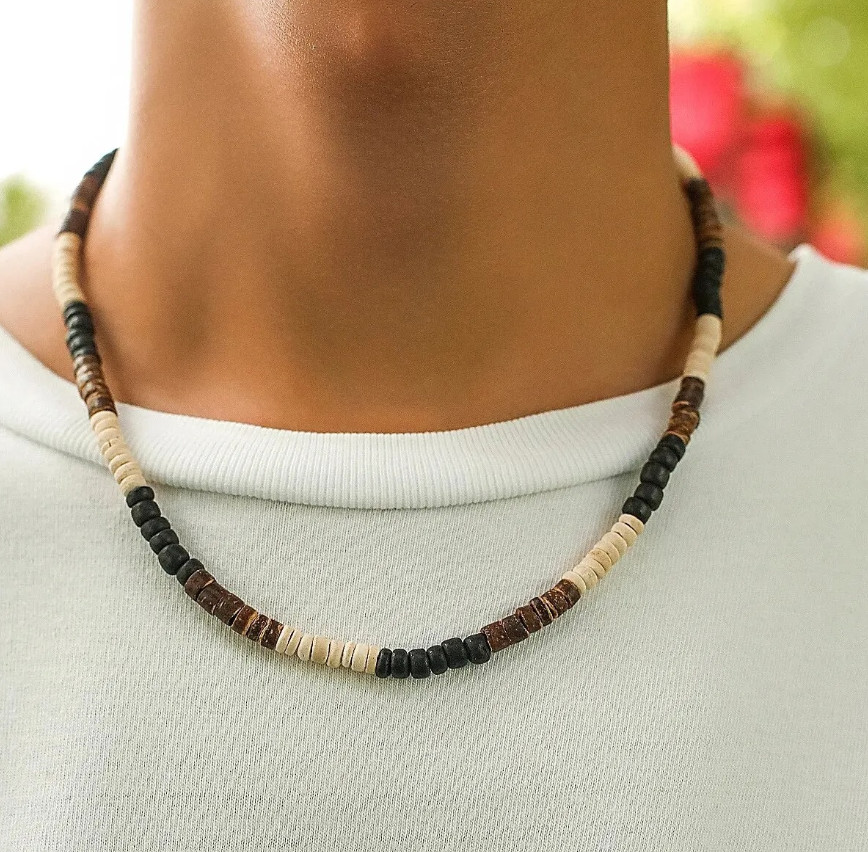 1pcs Men’s Wooden Bead Surfer Necklace – Handmade Tribal Summer Jewelry -NEW
