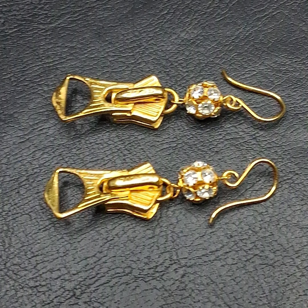TALON Zipper Pierced Dangle Earrings Whit Rhinestone Ball Gold Tone. 16.934