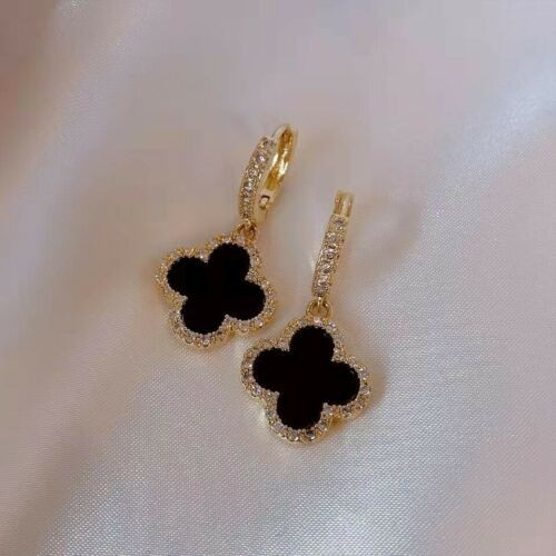 14k Gold Four Leaf Clover Flower Drop Dangle Earrings