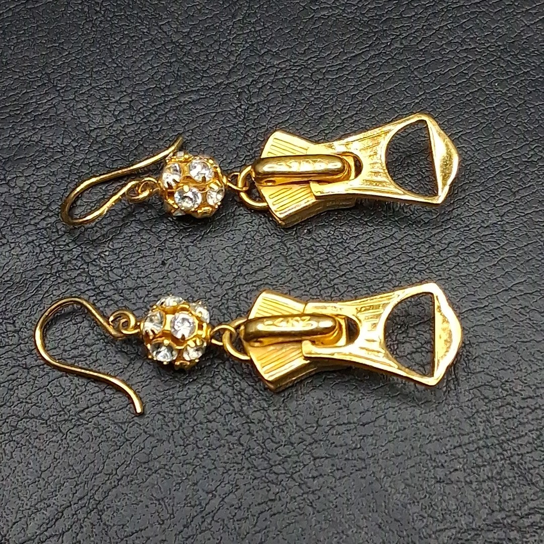 TALON Zipper Pierced Dangle Earrings Whit Rhinestone Ball Gold Tone. 16.934