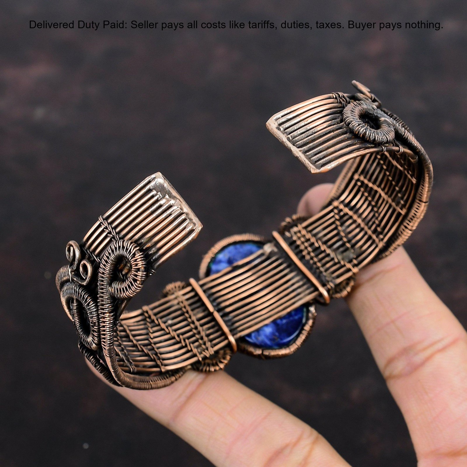 Oval Third Eye Chakra Sodalite Gemstone Boho Wire Wrapped Bangle Jewelry Copper