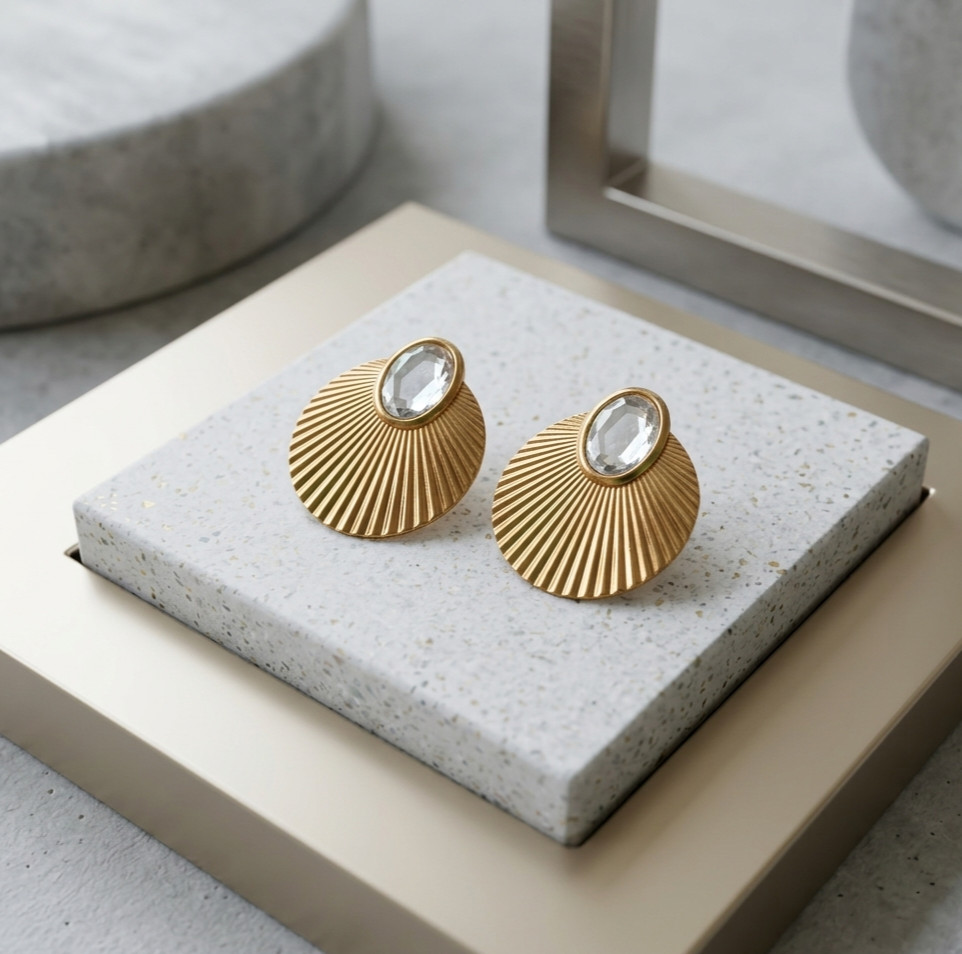 Vintage Gold Ribbed Fan Earrings with Clear Crystal