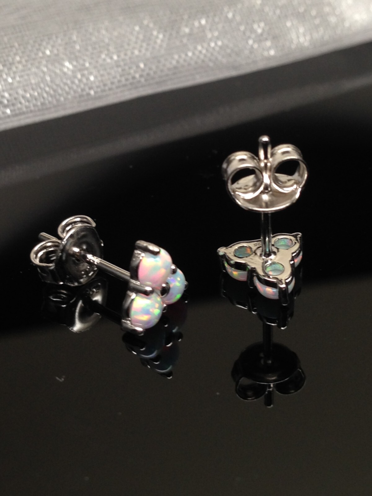 Three Stone White Opal Stud Earrings Sterling Silver 925 Tiny Studs 6mm