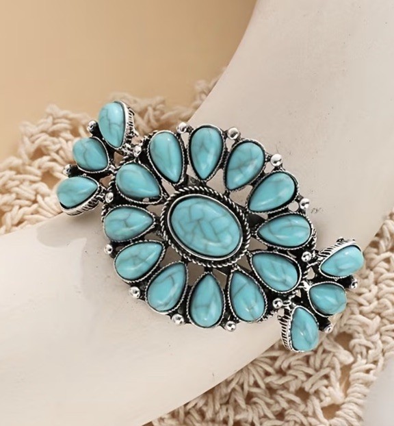 Turquoise Cuff Bracelet Western Boho Silvertone Jewelry Boho