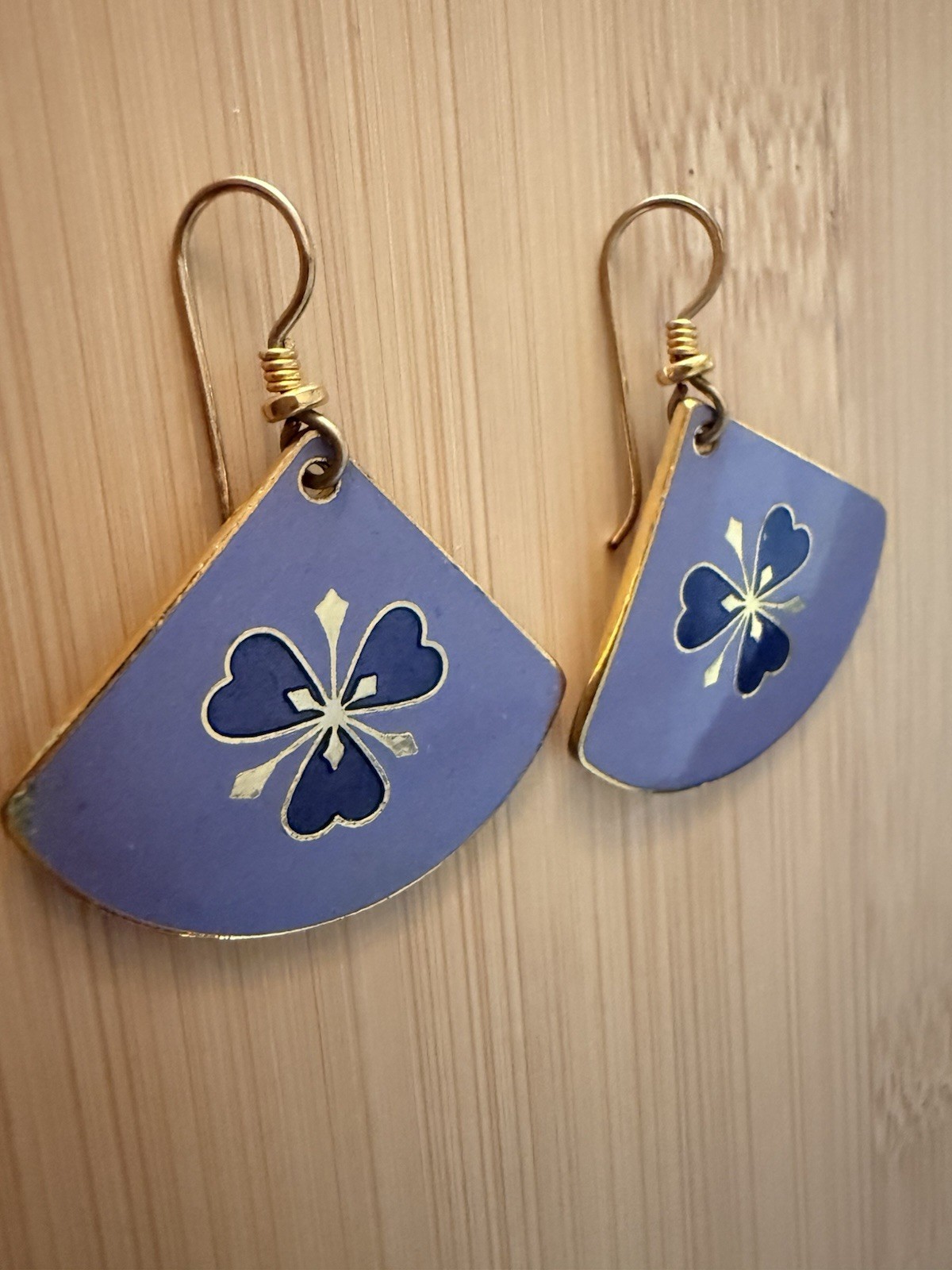 Laurel Burch Signed Blue/Gold Enamel Fan Floral Dangle Hook Earrings 80s