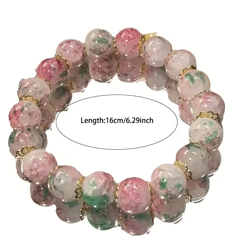 Sweet & Cute Cherry Blossom Glass Bead Bracelet Stretchable about 7-8 inch