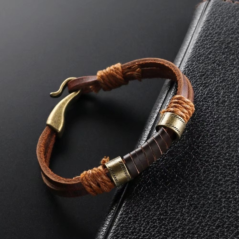 MENDEL 8 Inch Mens Simple Cowboy Copper Leather Bracelet Wristband Cuff For Men