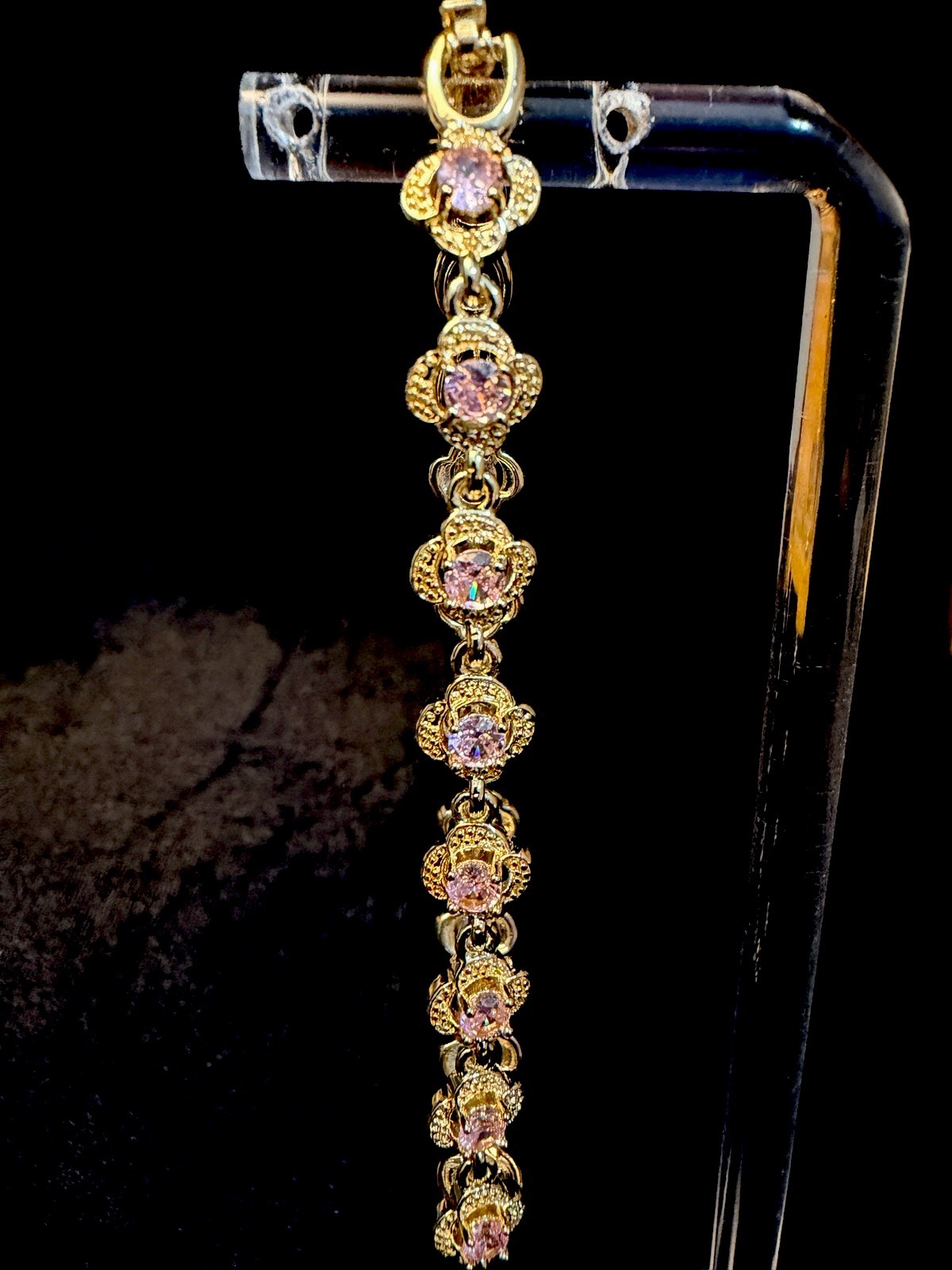 14K Gold Tennis Link w/Pink Round AAA CZ Stone Bracelet Prong Set Lobster
