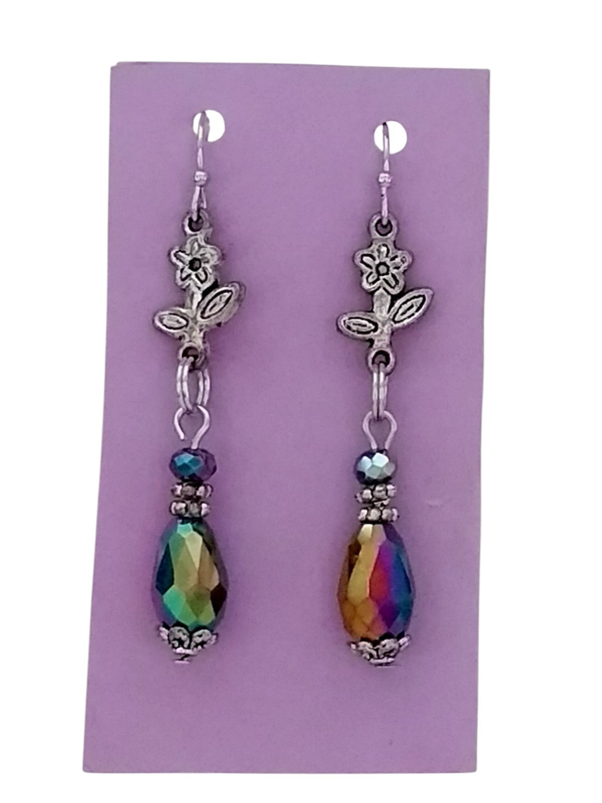 Handcrafted IRRIDESCENT BEADS SILVERTONE FLOWERS Double-Sided Dangle Earrings
