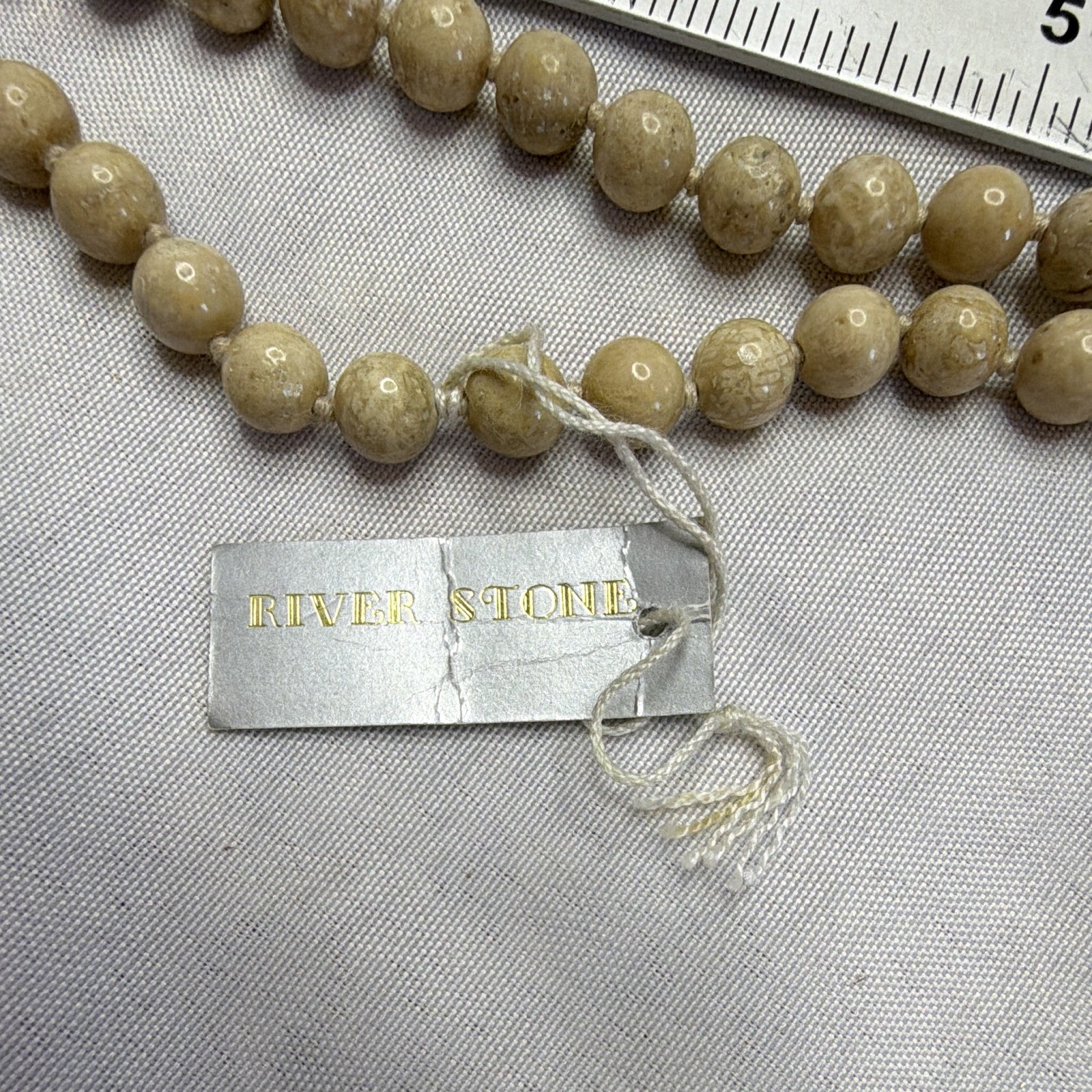Riverstone Semi Precious Stone Bead Necklace Beige Tan Round Natural Stone 18”