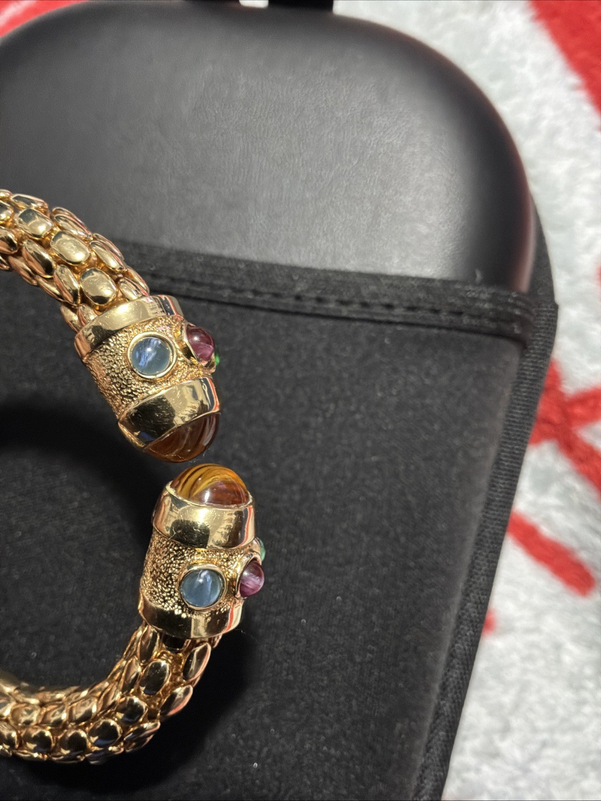 Vintage Runway Gold Tone Red Blue Green Glass Snake Skin Open Cuff Bracelet