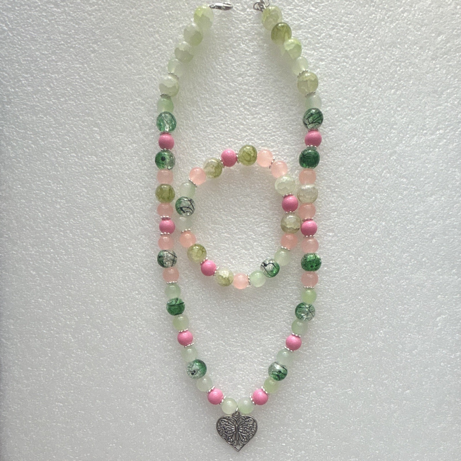 Multicolor Glass Beaded Jewelry Set Necklace Bracelet with Heart Charm