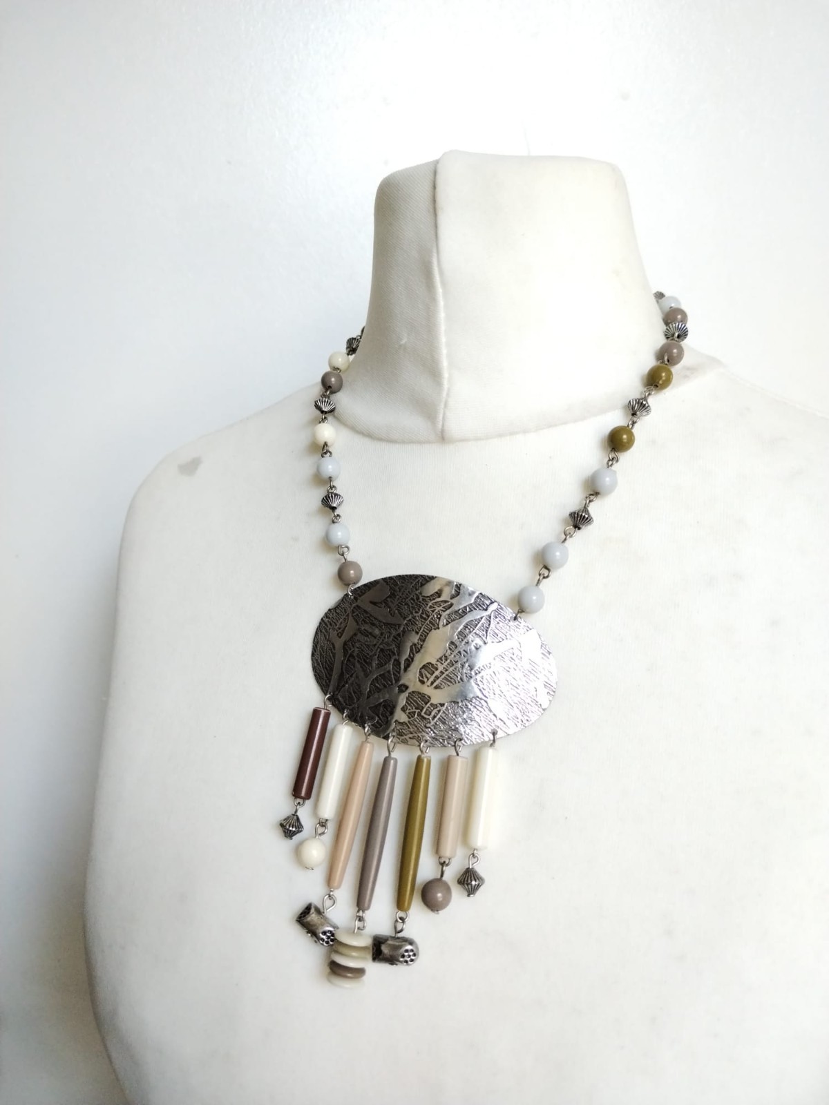 Ethnic Necklace Natural Colours ,hammered Oval Silver Toned Metal, Fringe Beads