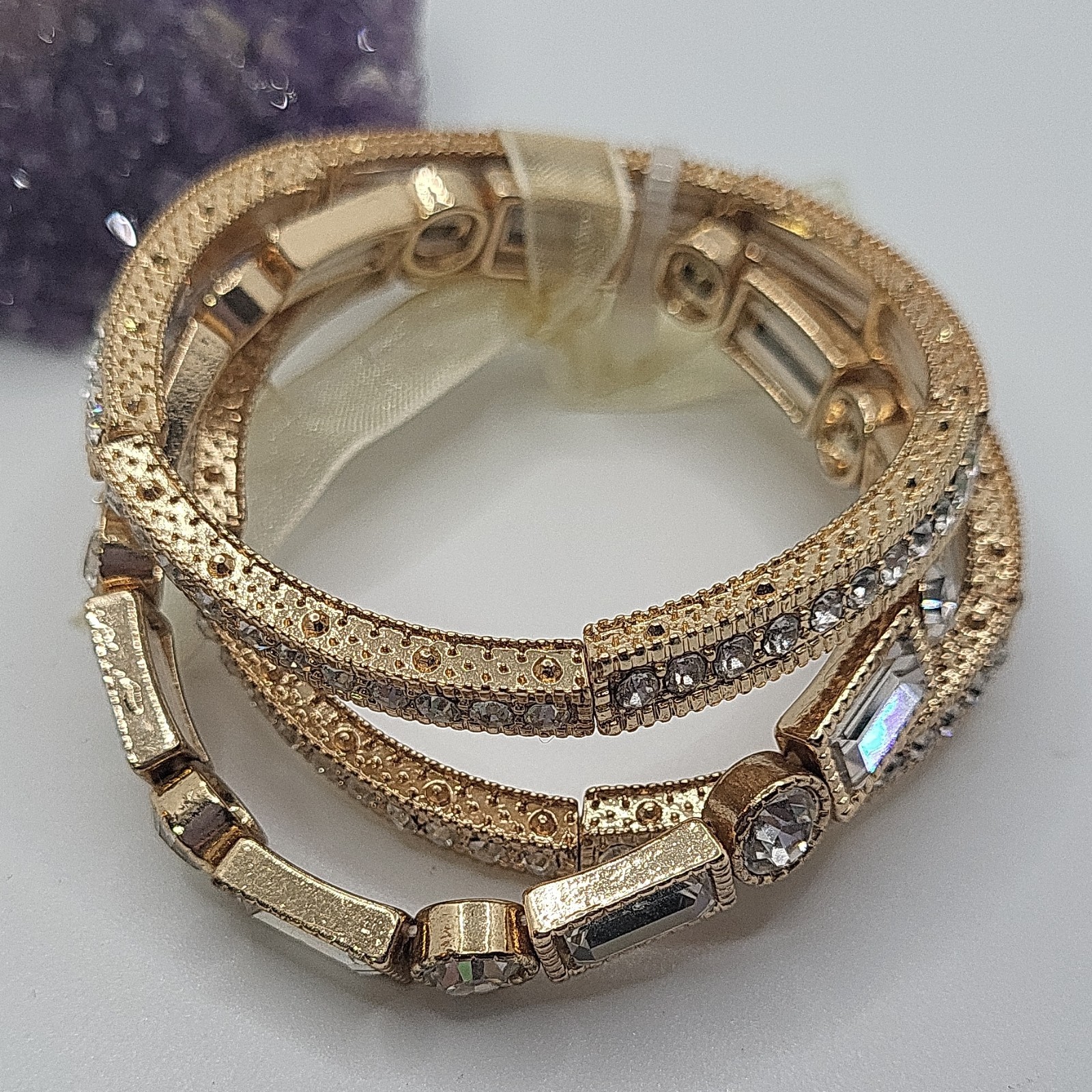 Gold Tone Hinged Bangle Bracelet Set, Stackable Clear Baguette Rhinestones