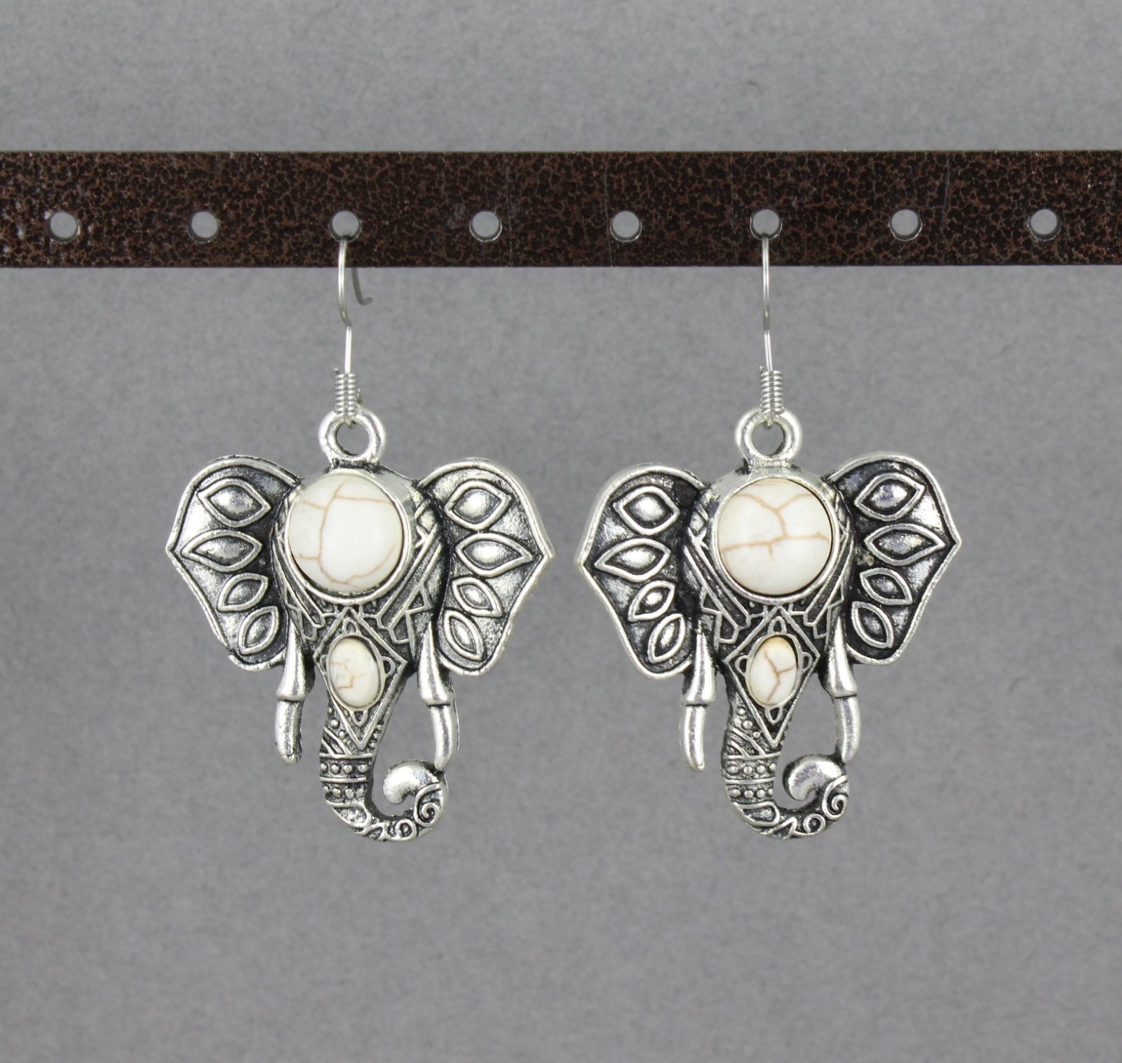 antiqued silver elephant earrings trunk ears pendant 2 1/8″ long cream bead