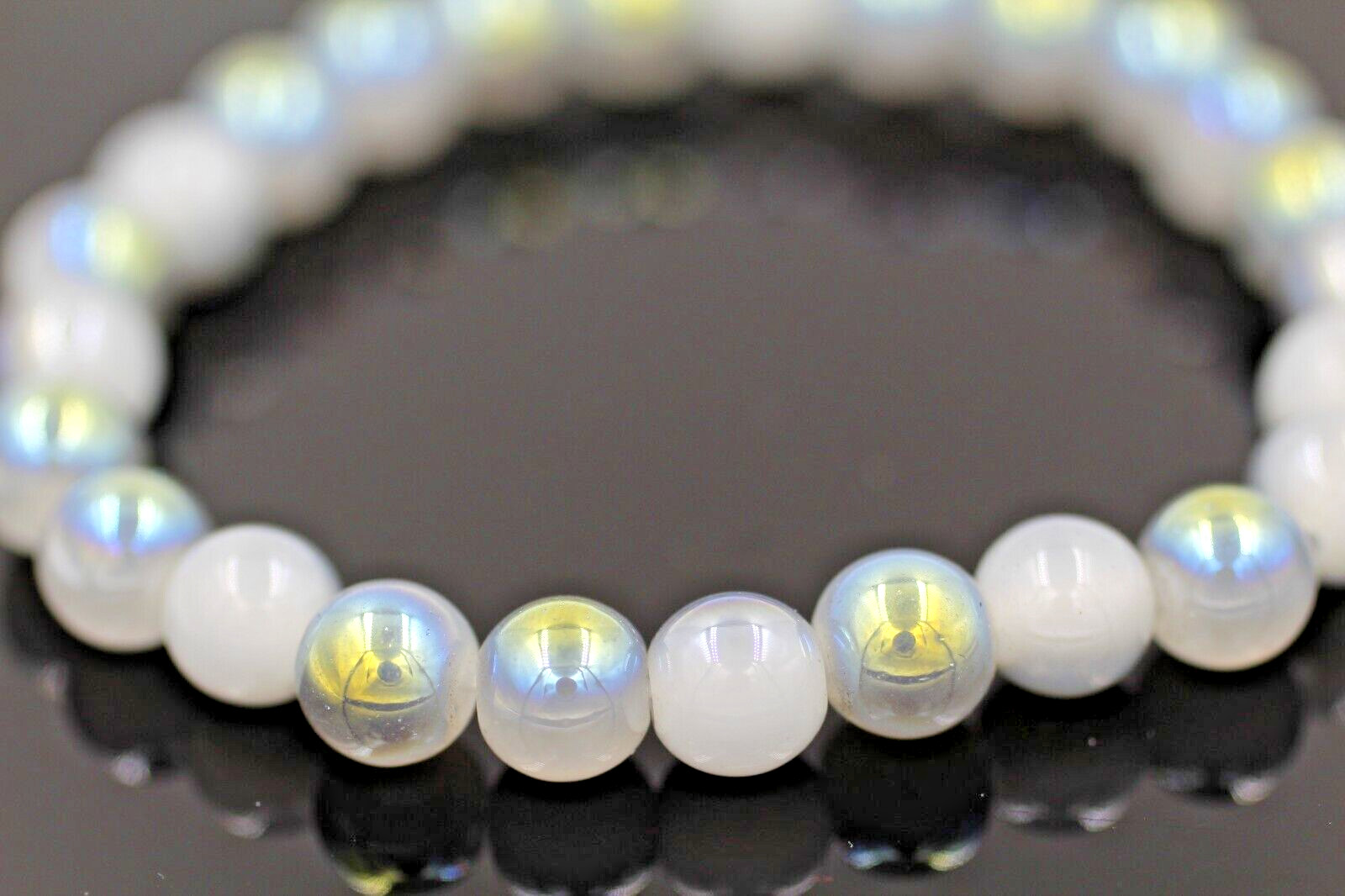 Grey Rainbow Coated Crystal Adjustable Fashion Bracelet Round Beads 7.5” Inch