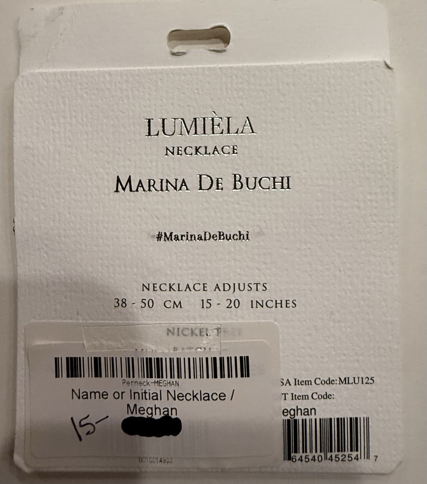 MEGHAN LUMIELA NAME NECKLACE MARINA DE BUCHI ADJUSTABLE LENGTH NICKEL FREE