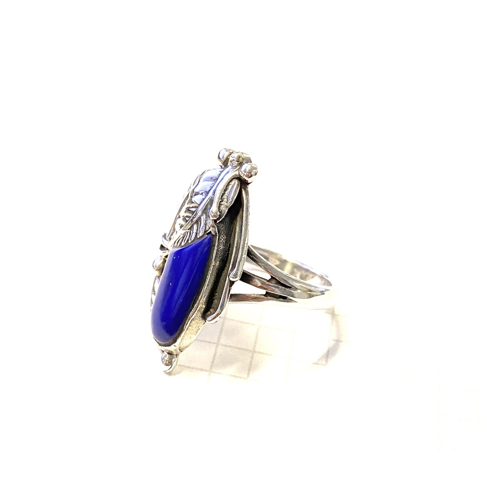 (SIZE 5,6,8,9) LAPIS LAZULI Stone RING Carved Feathers 925 STERLING SILVER