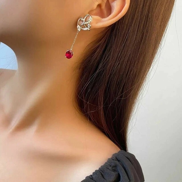 2.30Ct Oval Cut Simulated Ruby Drop Stunning Earrings In 14k White Gold Plated