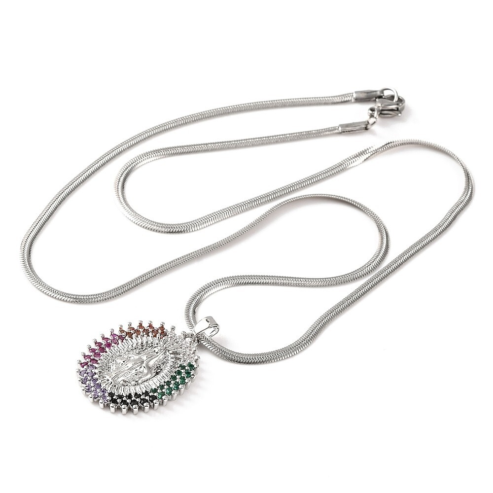 Stainless Steel Necklace Guadalupe Virgin Mary Snake Chain Zirconia Lobster N43