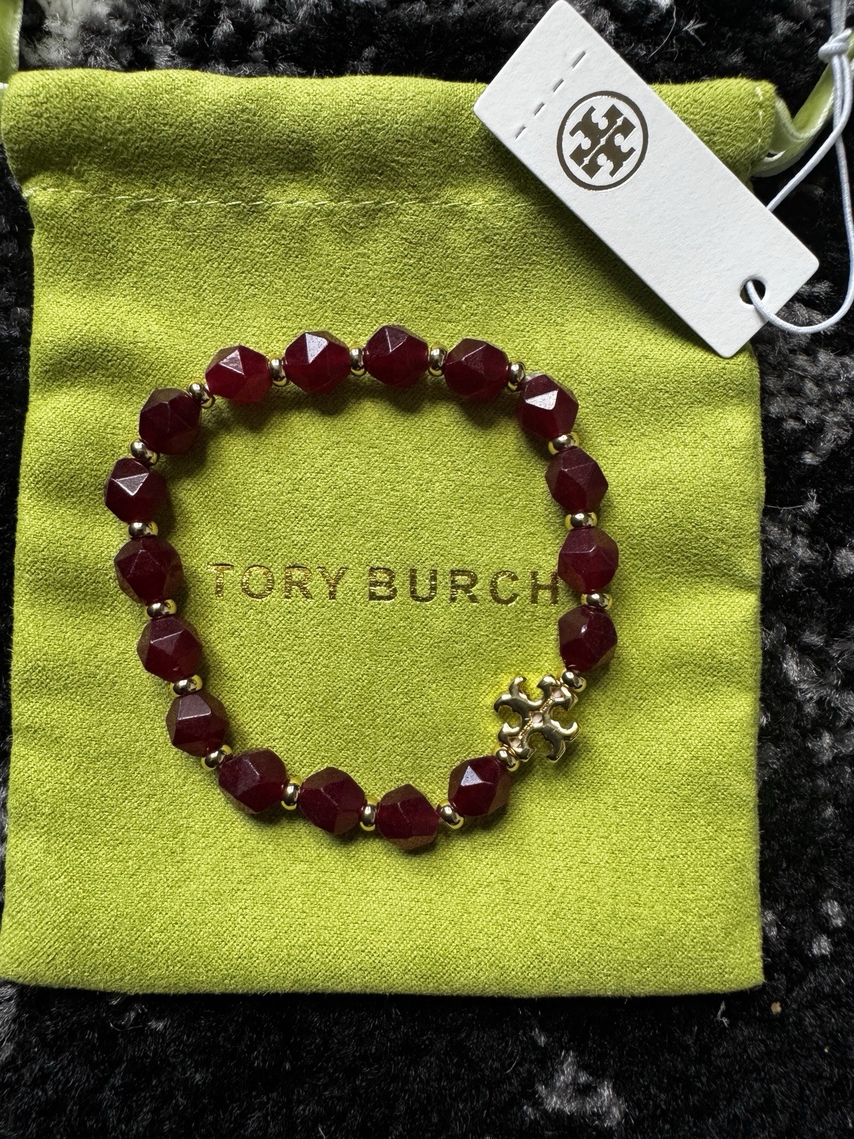 Tory Burch Red Beaded Ball Chain Bracelet Gold Tone Logo Dangle Charm No Clasp