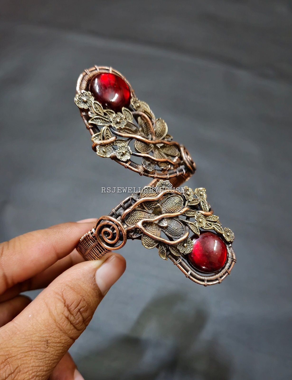 Beautiful Double red Labradorite Gemstone Bracelet Cuff Wire Wrapped Bangle Gift