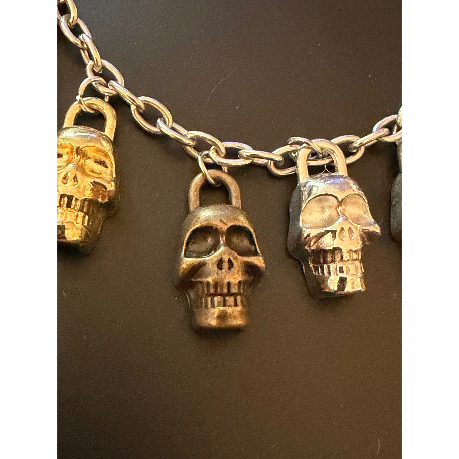 Mixed Metal Skull Padlock Charm Bracelet Silver Gold Copper Gothic Biker 8.5in