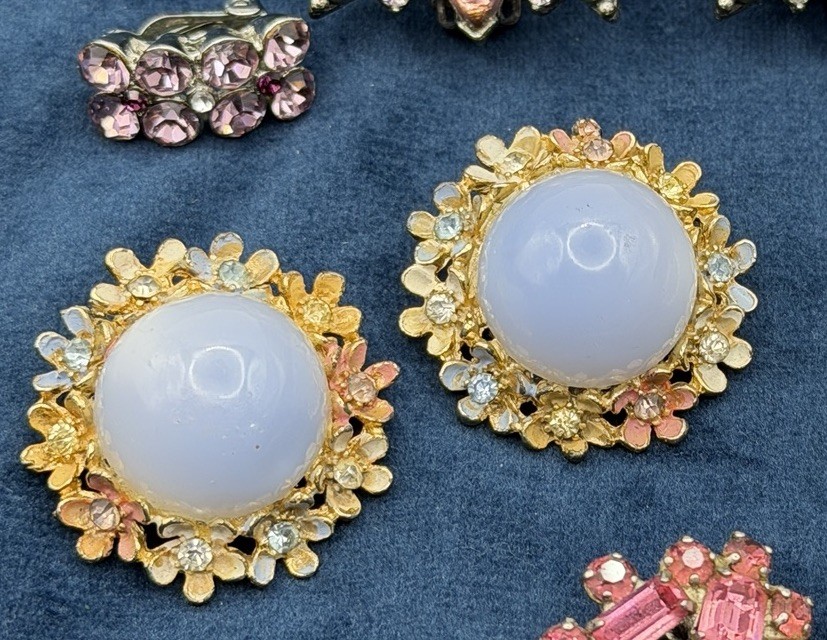 Vintage 50s MCM Clip On Earrings Jewelry Lot 5 Pair Rhinestones Opalite Cabochon