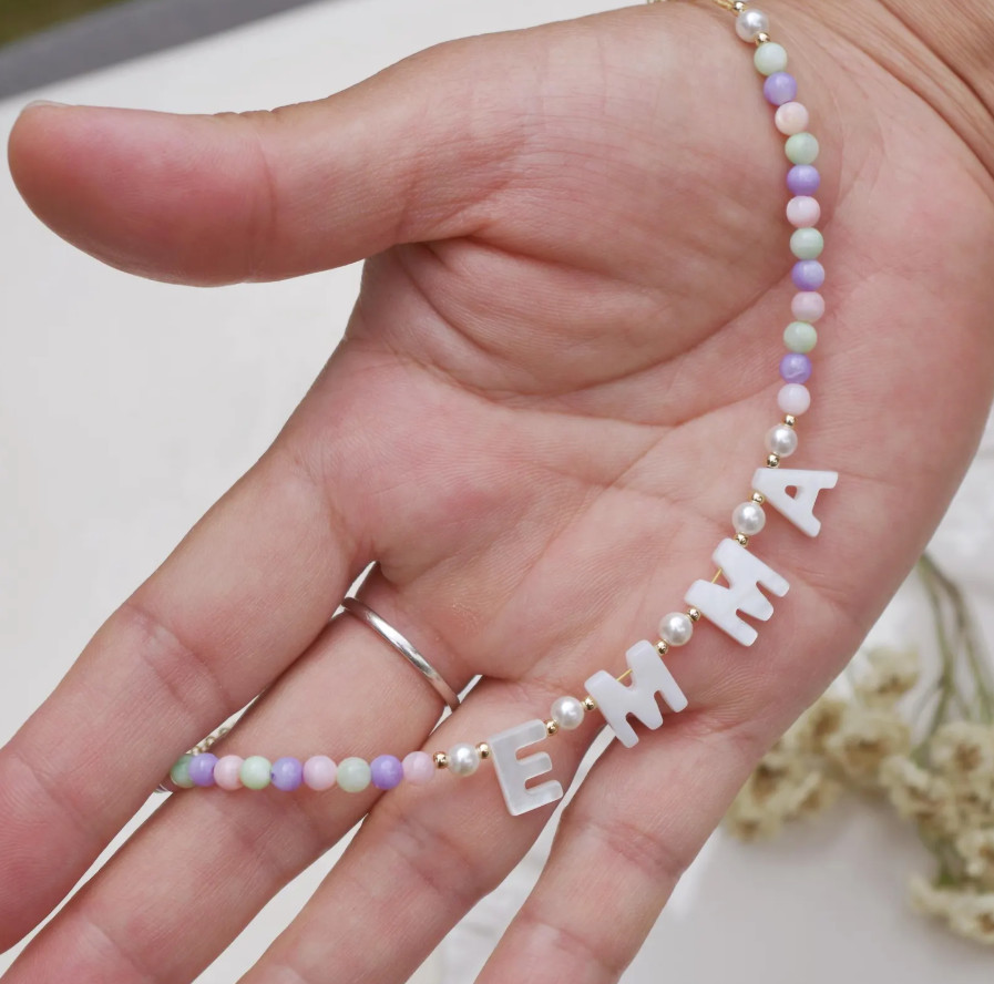 Personalized Kids Name Necklace, Mother of Pearl Letters, 18K Gold Filled