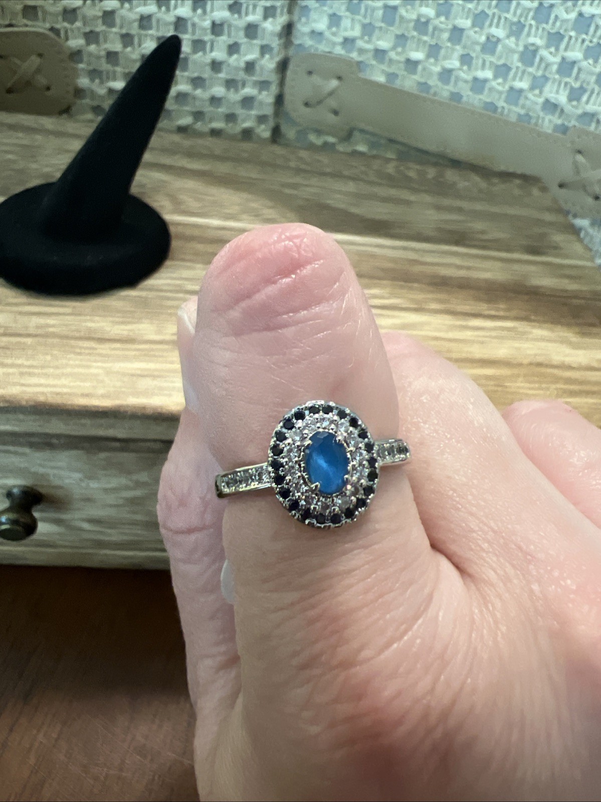 Bomb Party Forever Inspired Sz 9 Ring. Lab Created Sapphire. Rhodium & Hematite