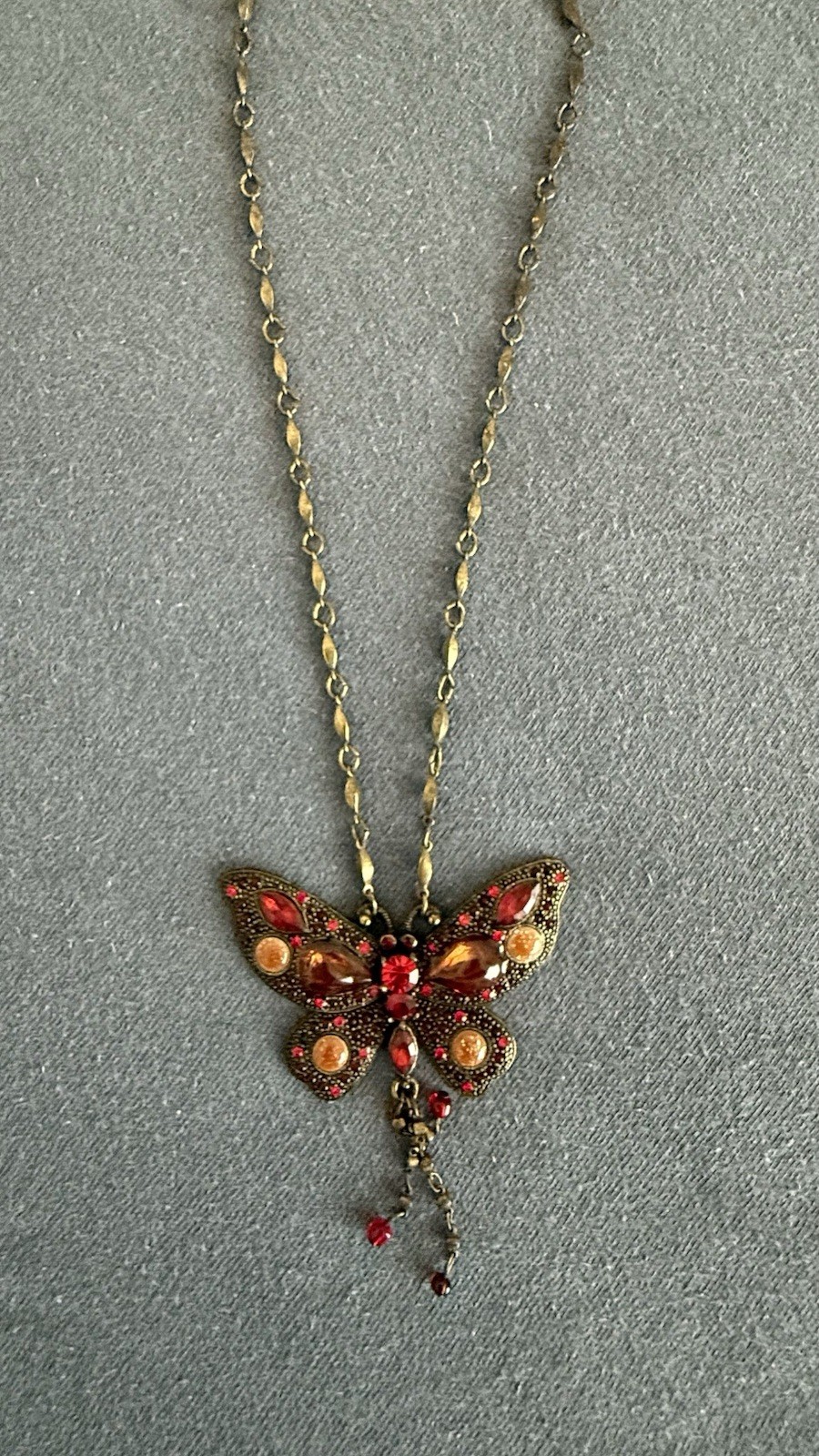 Wings Gold Tone Red Crystal Butterfly Charm Pendant Necklace Adjustable Signed