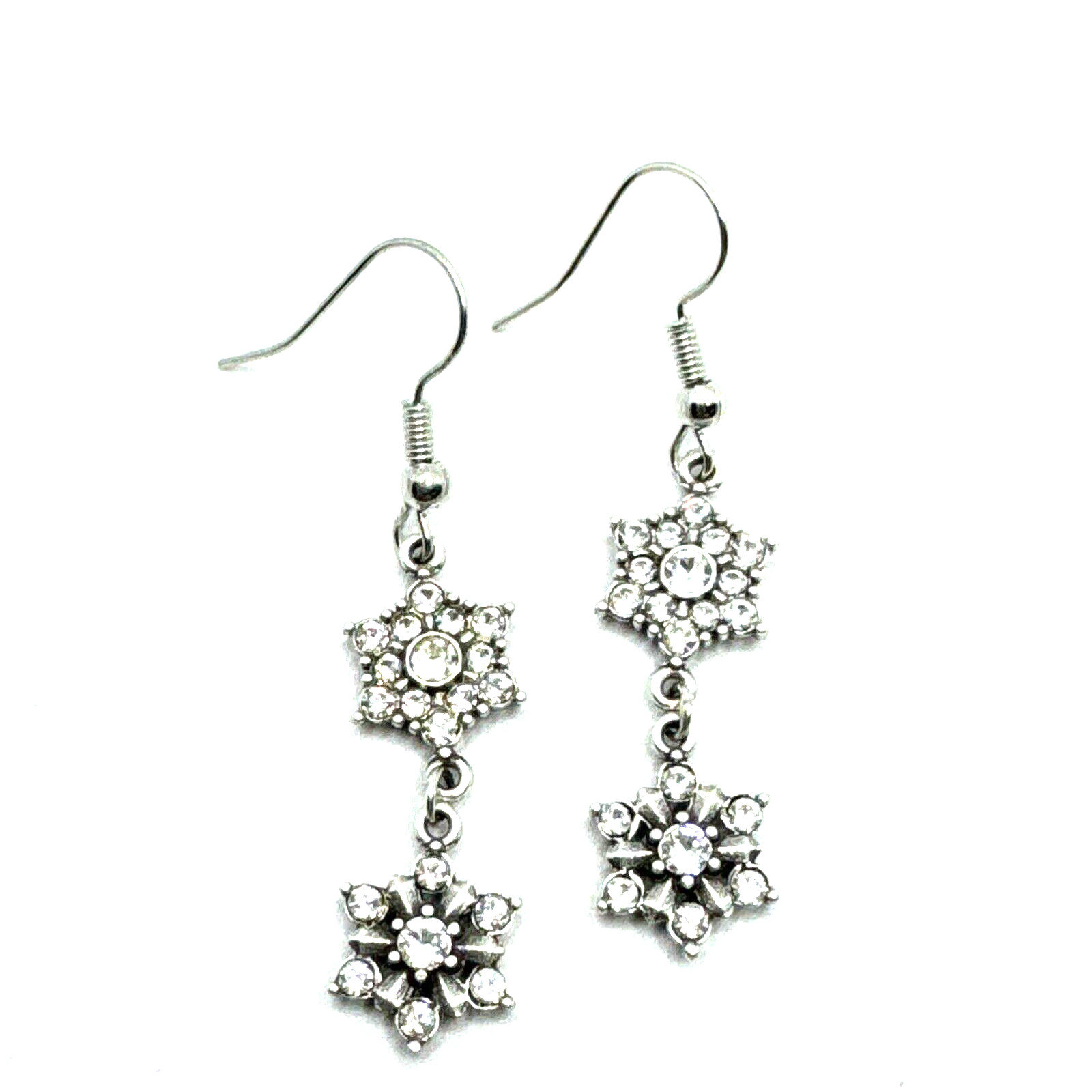 Brighton Arctica 2-Snowflakes Dangle Crystals Holiday Winter Silver Earrings