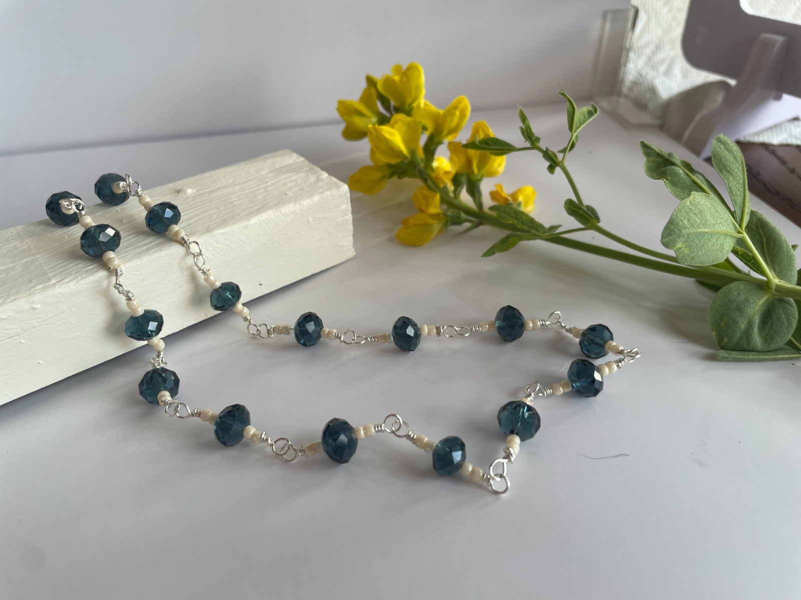 Unique Handmade Glass Midnight Blue and White Beaded Necklace