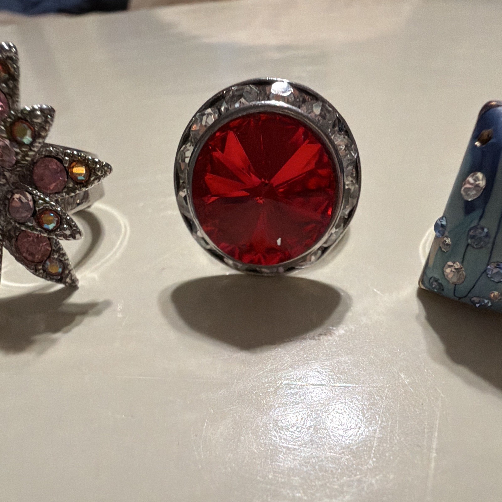 Lot of 3 Adjustable Cocktail Rings Size 7 Multicolor Rhinestone Crystal Floral