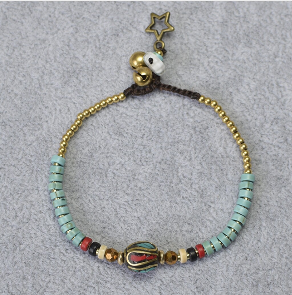 Protect Nepal / Bohemia Turquoise & Copper Bead Bell Wax Rope Hand Bracelet 7″
