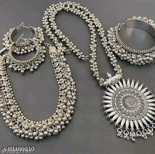 Indian Silver Ghungroo Necklace With Earring Bracelet Oxidized Women Boho Choker