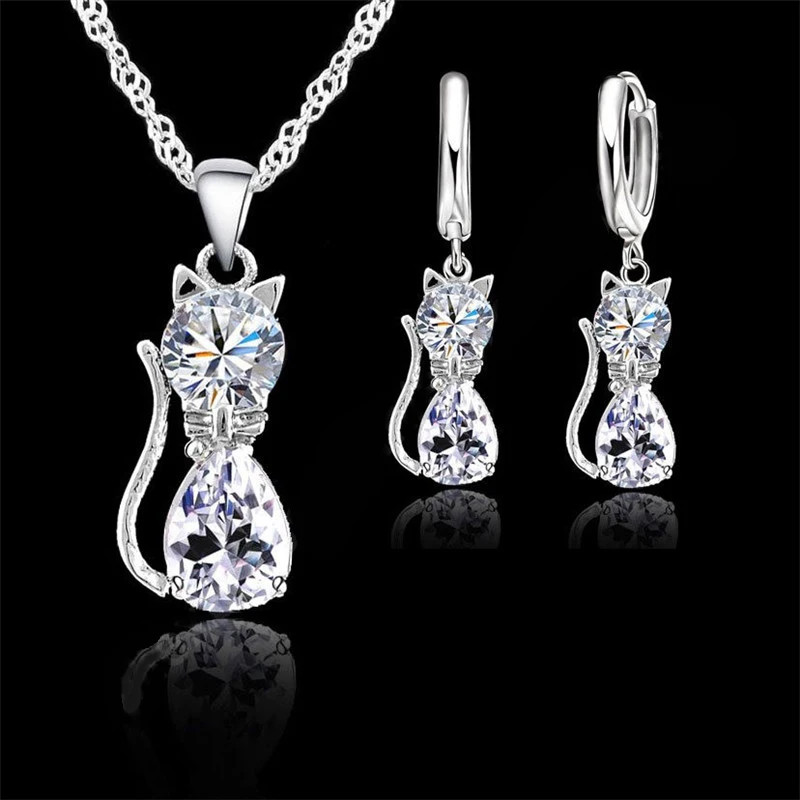 Silver Color Cat Pendant Necklace and Huggie Earrings Jewelry Set for Women Girl