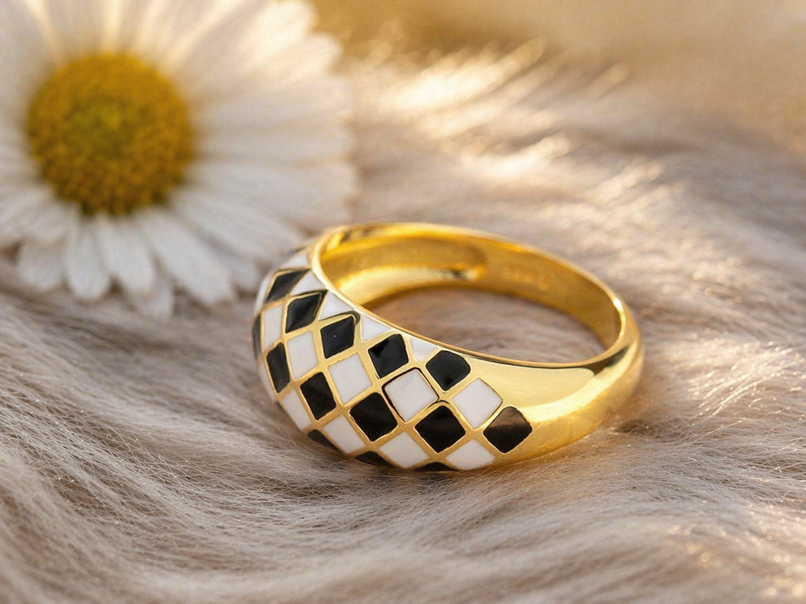 Black White Checkerboard Enamel Ring, Trendy Geometric Band, for Daily Party
