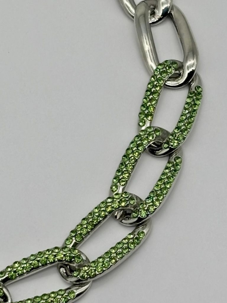 Curb Link and Green Pave Crystal Silver-Tone Collar Necklace Adjustable Unsigned