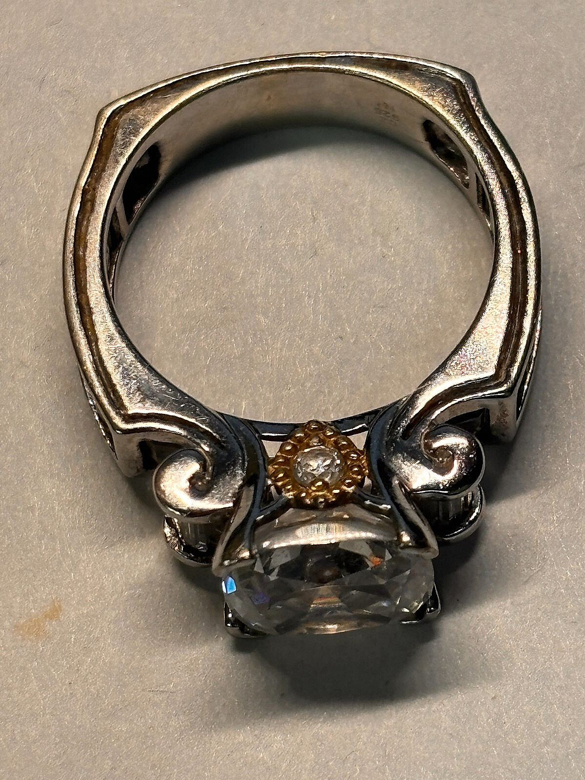 Two Tone Sterling Silver Princess Cut CZ Cocktail Ring 9.1g Size 9