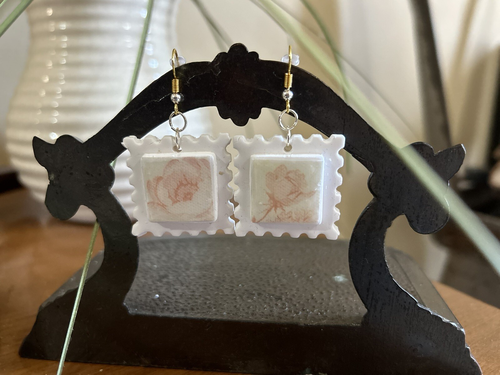 Homemade Earrings Stamps with Pink Rose.